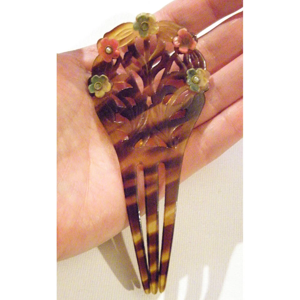 Antiguo Peine Victoriano Eduardiano Rosa Azul Flores Perlas Aleta Retro Moda Foto 2 de 4