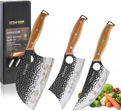 3PCS Butcher Knife, 7'' Meat Cleaver, Serbian Chef 12*4.4, Black 