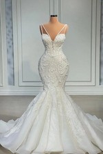 Spaghetti Strap White Lace Mermaid Wedding Dresses Beaded Appliqu  Bridal Gowns