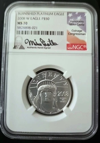2008-W $50 Burnished 1/2 oz Platinum Eagle. Lowest Mintage! NGC MS70 Mike Castle