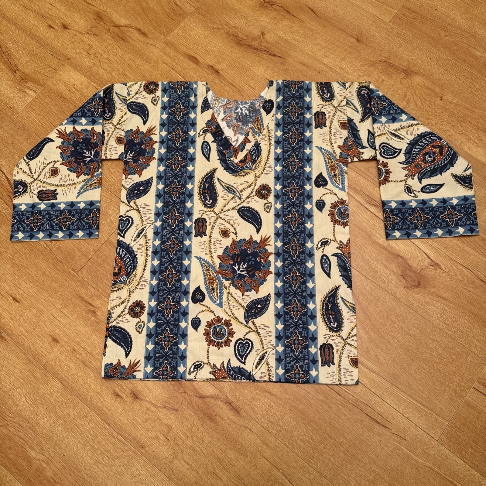 Vintage 70s Boho Womens Tunic Peasant Top Hippie HomeMade Paisley Floral Blue