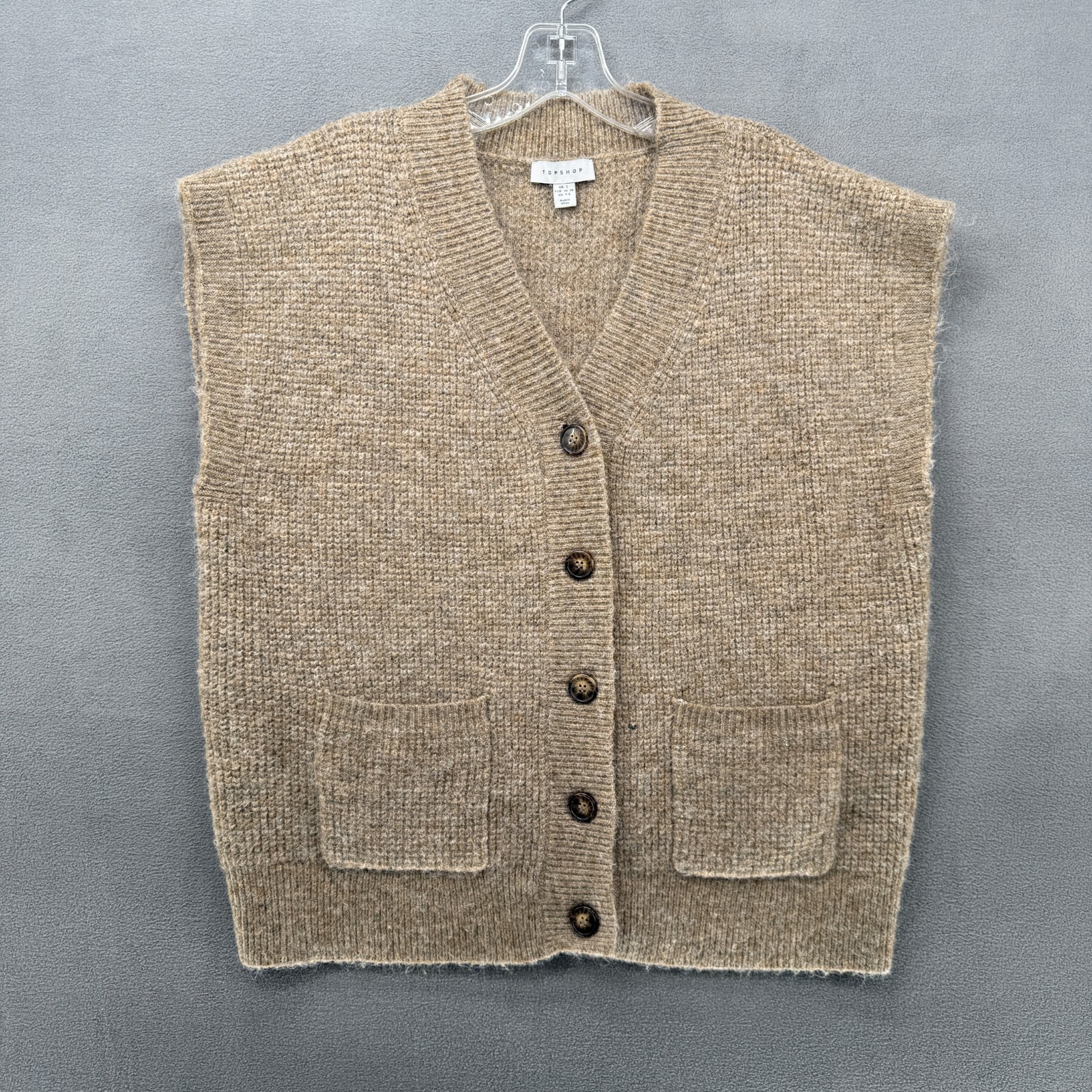 Topshop Sweater Vest Womens Small Wool Blend Beige Soft Knit V-Neck Button