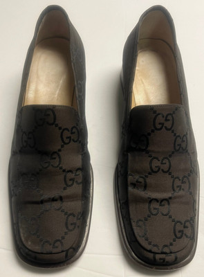 Woman's Gucci Dark Brown Logo Fabric Loafers in size 38C