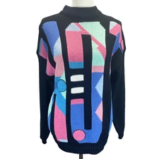 Vtg 80s Currants by Jeri-Jo HOT Bold Spell Out Multi Colored Sweater Retro Small