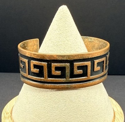 Vtg Copper Cuff Bracelet Greek Key Design Black Enamel Wide Southwestern Boho E1