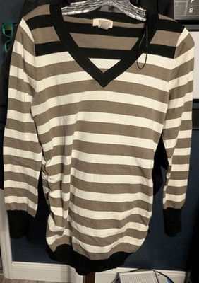 Route 66 Women's Pullover Sweater Size L Brown & White Knit V-Neck Long Sleeve