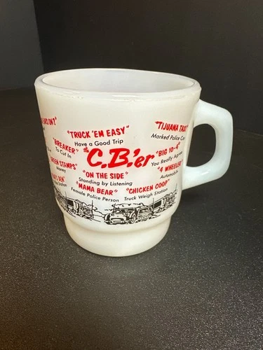 Vintage Fire-King CB’er CB Radio Slang Milk Glass Coffee Mug Trucking 1970s