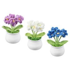 3 Pcs Crochet Flowers Potted 6 Head Forget-Me-Nots Knitted, Purple/Blue