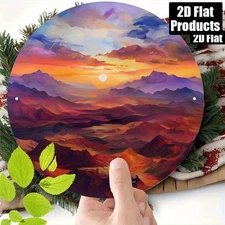 Sunset Mountain Landscape Painting Round Metal Art