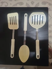 3 Pc Vtg Rostfrei Inox Slotted Wide Nylon Spatula Spoon White Plastic Handle