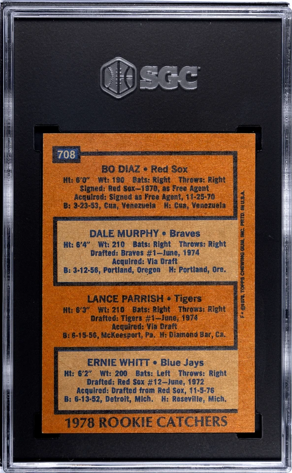 1978 Topps - Rookie Catchers Dale Murphy, Parrish, Whitt #708 (RC) SGC-8 ¡Casi nuevo/como nuevo! Foto 2 de 2
