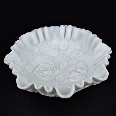 Imperial White Milk Glass Rose Flower Design Decorative Ruffled Bowl Dish