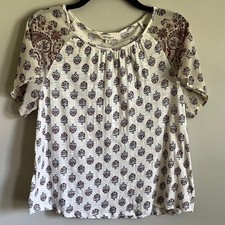 Lucky Brand Mixed Media Boho Peasant Top Blouse Floral M Sheer Sleeves