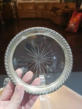 5" Coaster Plate Dish crystal clear cut star glass w sterling silver rim Webster