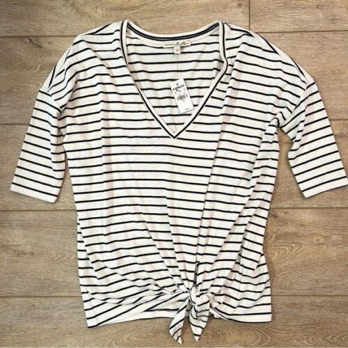 Express V- Neck Tie Front White with Black Stripes Shirt Small Relaxed Fit NEW