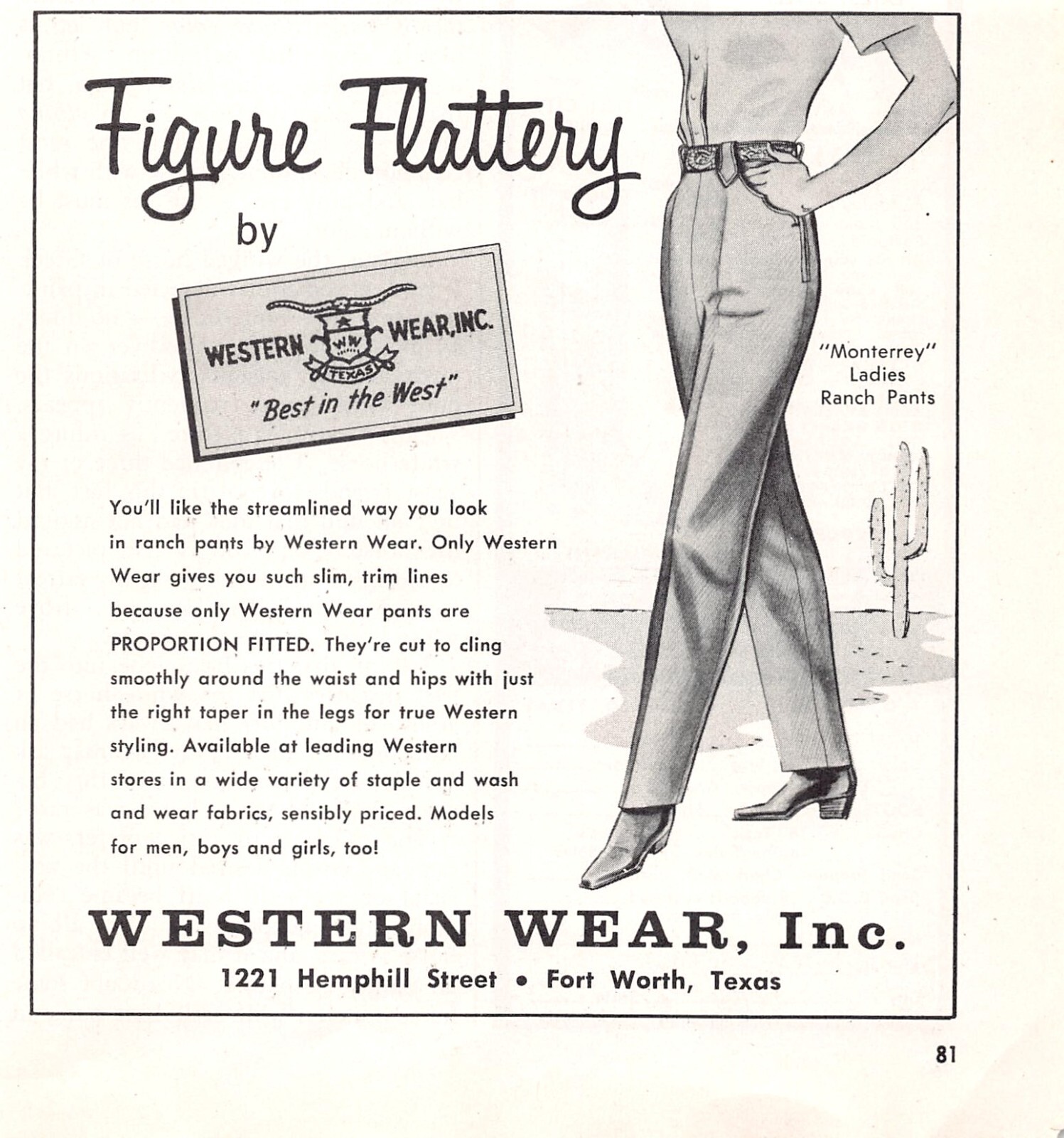 Western Wear Inc Flatters Female Figure Fort Worth Texas Vtg Magazine Print Ad