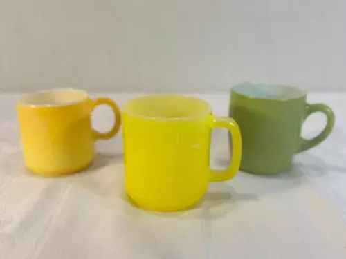 3 Lot  Vintage Milk Glass  Multi Color Textured Stack Mugs - Glasbake Yellow