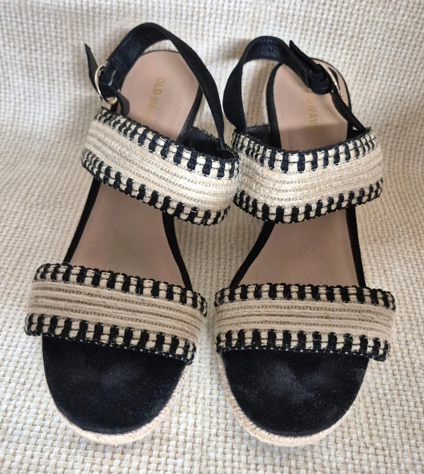 Sandalias de tacón alto Old Navy alpargata bloque talla 9 neutro negro gamuza y crema Foto 4 de 4