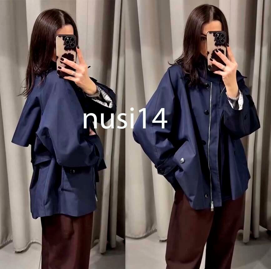 ZARA NEW WOMAN ZW COLL. CAPE JACKET WITH TAB DETAIL NAVY ZARA NEW WOMAN ZW COLL. CAPE JACKET WITH TAB DETAIL NAVY