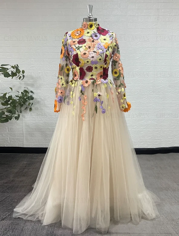 Exquisite Wedding Dresses High Neck Long Sleeves A-Line Wedding Gowns 3D FLowers - Image 3 of 4