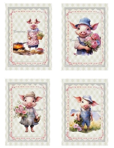 Cute Farmer Pigs A Designer MULTI-SIZE SET Cotton Fabric Quilt Blocks - Picture 2 of 19