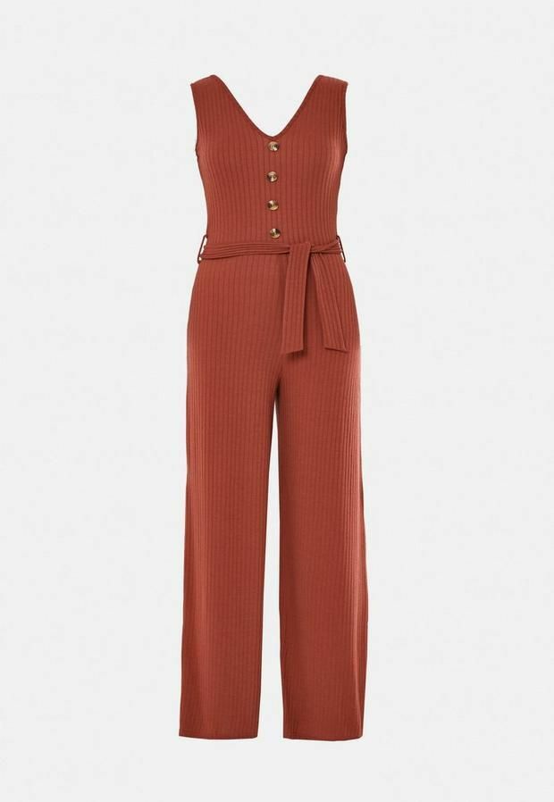 MISSGUIDED TALL RIBBED JUMPSUIT RUST RIBBED BUTTON FRONT BELTED UK