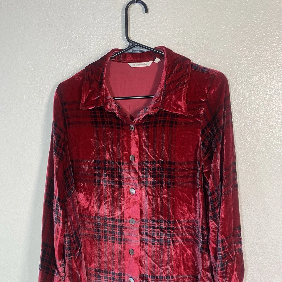Top túnica de terciopelo a cuadros Soft Surroundings para mujer rojo con botones talla XS Foto 2 de 4