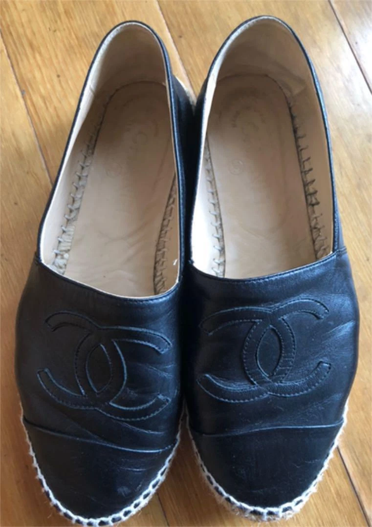 CHANEL Espadrilles Lambskin Leather Black Size 38 US 8 with Box