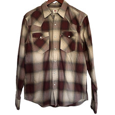 Levi's Western Men's Shirt Maroon Beige Plaid Size Medium Pearl Snap Buttons NWT