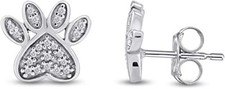 Paw Print Stud Earrings Natural Round Diamond Accents 925 Sterling Silver
