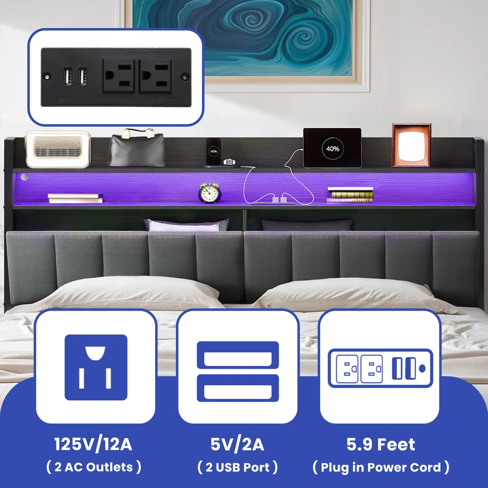 Marco de cama LED tamaño king con cabecero tapizado oculto estación de carga de almacenamiento Foto 4 de 4