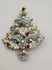 Holiday Christmas Tree Pin Brooch Red Green Blue Gold Crystals Stones