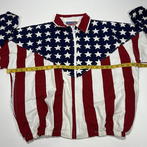 White zip-up jacket with American flag design featuring blue field with white stars and red and white horizontal stripes.
