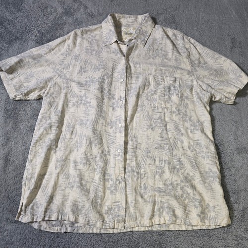Tasso Elba Mens XXL Button Front Shirt Cream Silk Linen Tropical Palm Leaf Short
