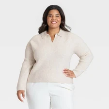 Women's Cozy Knit Polo Sweater - A New Day Oatmeal XXL