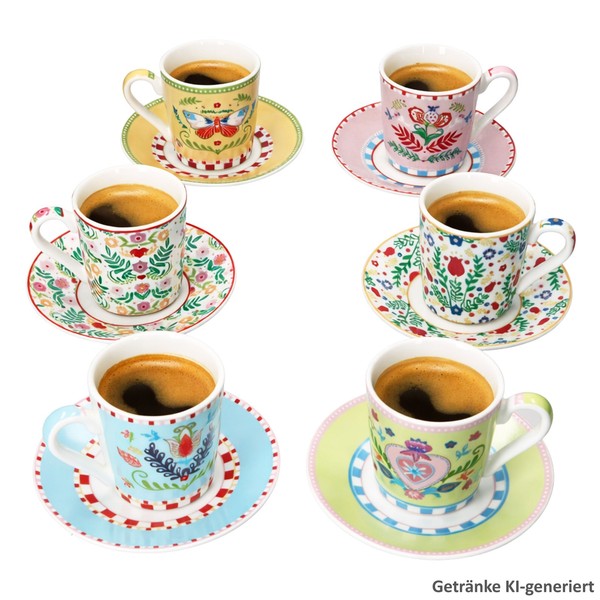 Spring Folk 6Er Set Espressotassen 80Ml Mit Untertassen Porzellan Bunt Folk-image