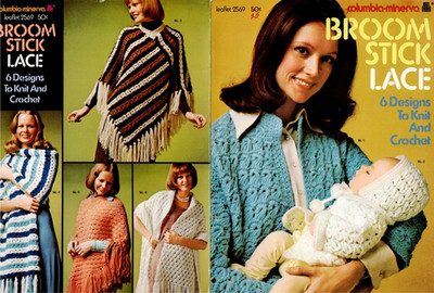 Broomstick Lace Knit Crochet Pattern 1973 VTG Poncho Baby Set Cardigan Shawl