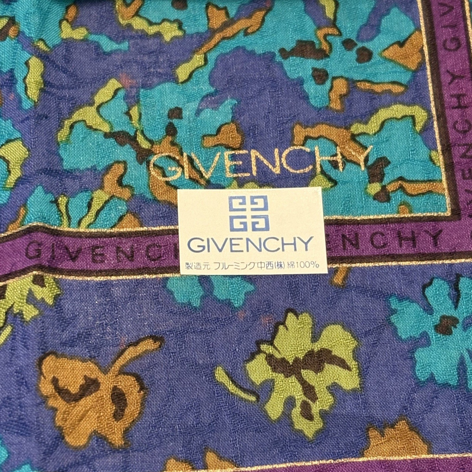 GIVENCHY Scarf Handkerchief Floral Cotton Purple Teal Scarf Accessory 18