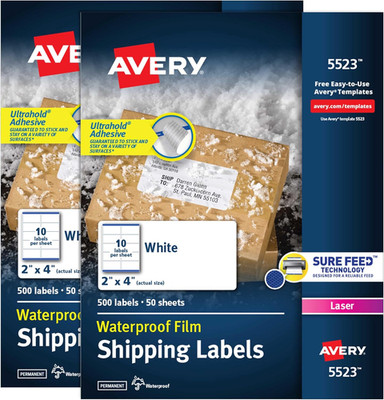 Waterproof Labels with Ultrahold Permanent Adhesive, 2'' X 4'', Laser, 2-Pack, 1,0