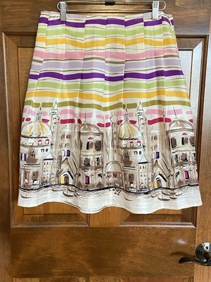 Alison Taylor Vintage Pleated Aline Cityscape Stripe Lined 100% Silk Skirt Sz 4 - Image 1 of 4