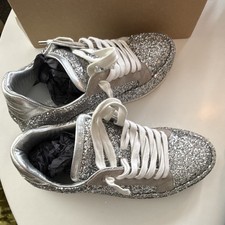 Zadig  Voltaire Women  s Silver Glitter Low Top Lace-Up Leather Sneakers Logo