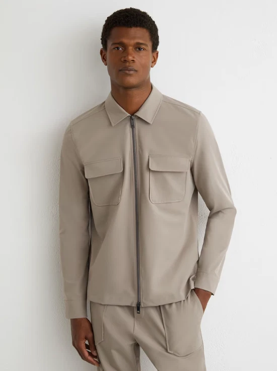 Men’s Reiss Technical Zip-Through Overshirt In Taupe Brown, Medium - product detail image 1