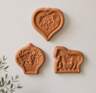 3 Terracotta Clay Molds  Fruit & Floral Basket, Horse, and Heart with Flower.