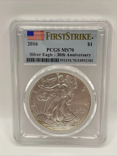 2016 Ms70 Silver Eagle PCGS 1oz Fine First Strike 30th Anniv Spots Toned