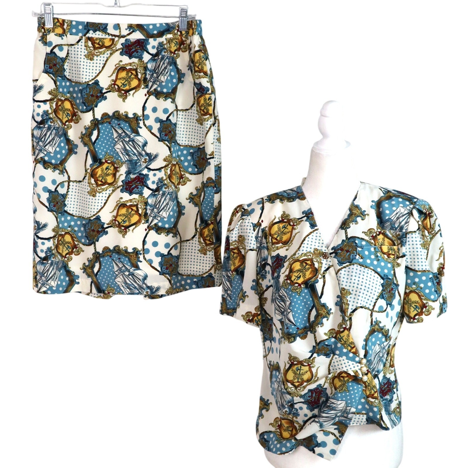 Vintage 80s SILK Skirt Suit Nautical Polka Dot Pearl Buttons small