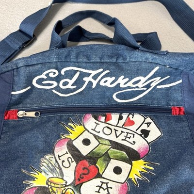 Ed Hardy Duffel Bag Love Is A Gamble Denim Pockets Red Lining | eBay