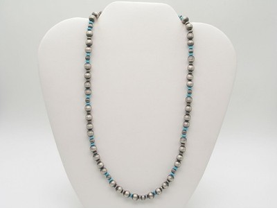 Sterling Silver Navajo Style Bead Necklace 18  Turquoise Spacers Handmade