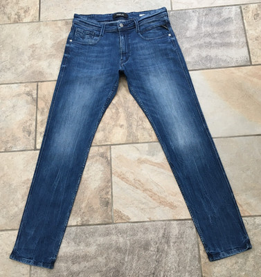 Mens Replay ANBASS Slim Blue Aged Stretch Flex Denim Jeans - Zip Fly - W34 L32