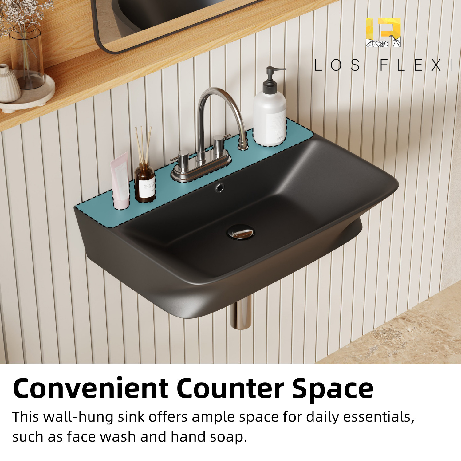 24" Matte Black Wall Mount Bathroom Sink 4" Centerset with Overflow & 3 Holes