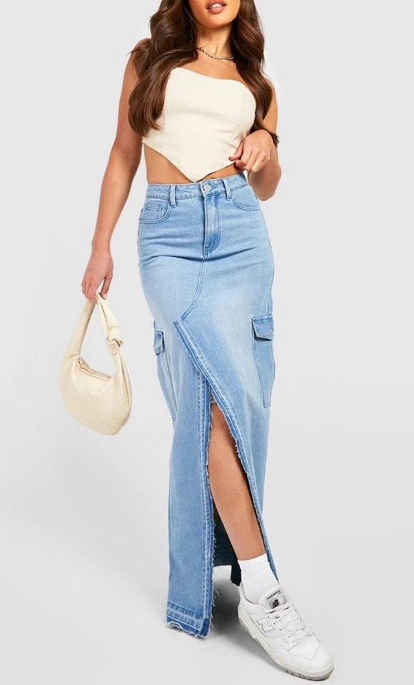 Maxi Falda Denim Cintura Alta Boohoo Frontal Abertura Bolsillos Carga Ropa de Calle Y2K Talla 12 Foto 3 de 4